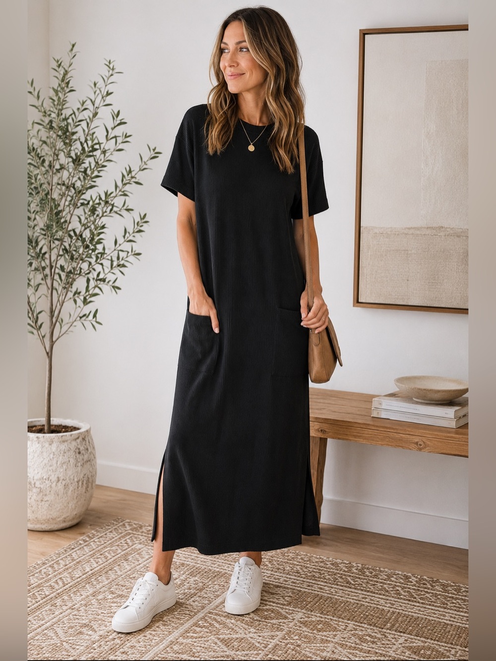 Three Bird Nest Black Ribbed Midi Maxi T-Shirt Dress Pockets XL NWT USA